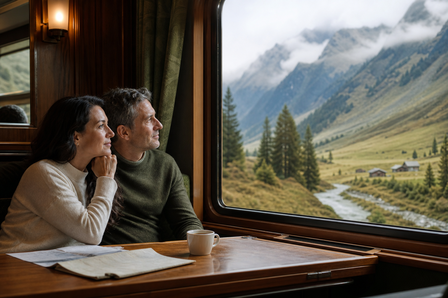 A couple watching alpine valleys pass by from a wood-paneled scenic rail carriage