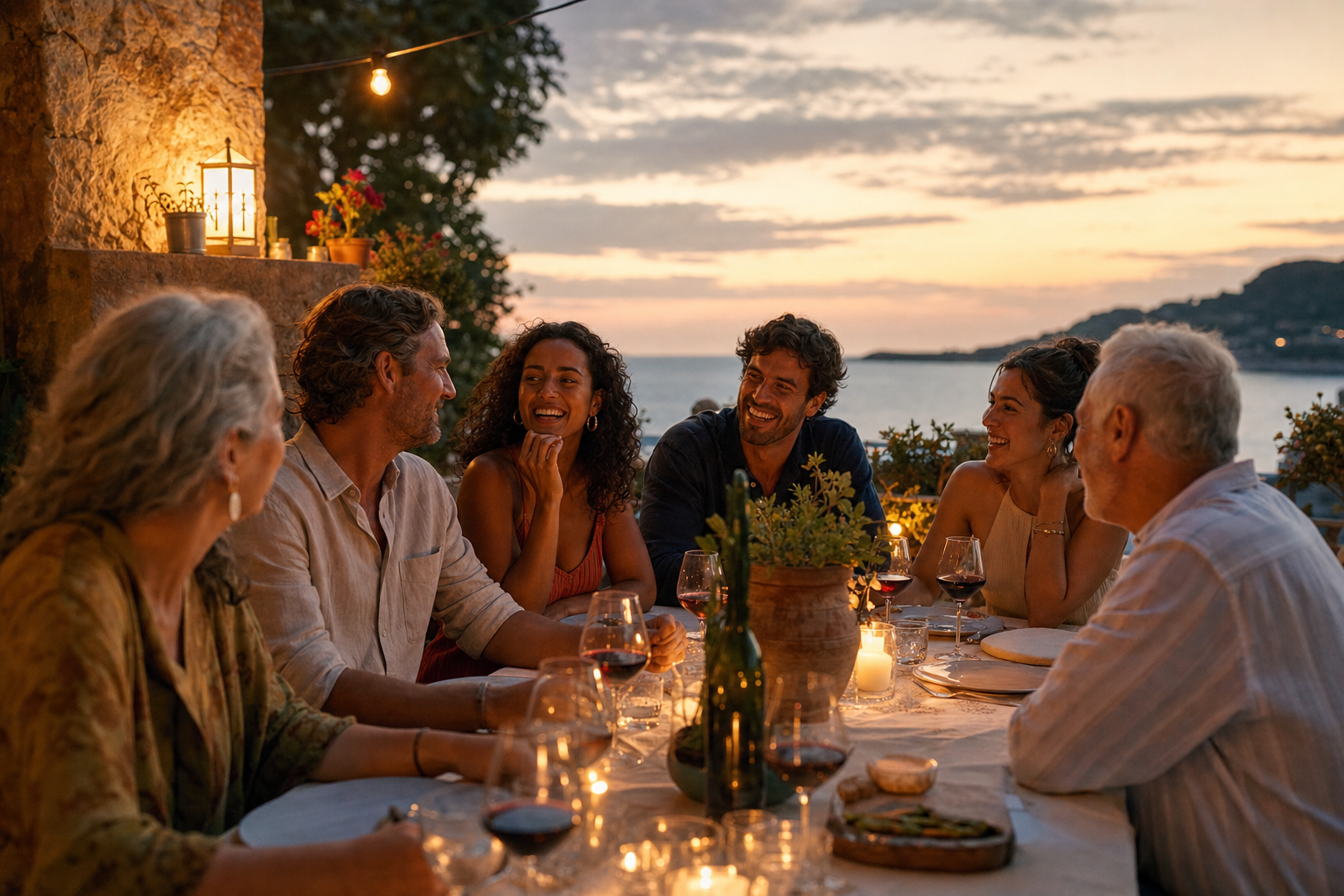 A candlelit terrace dinner overlooking the sea at dusk