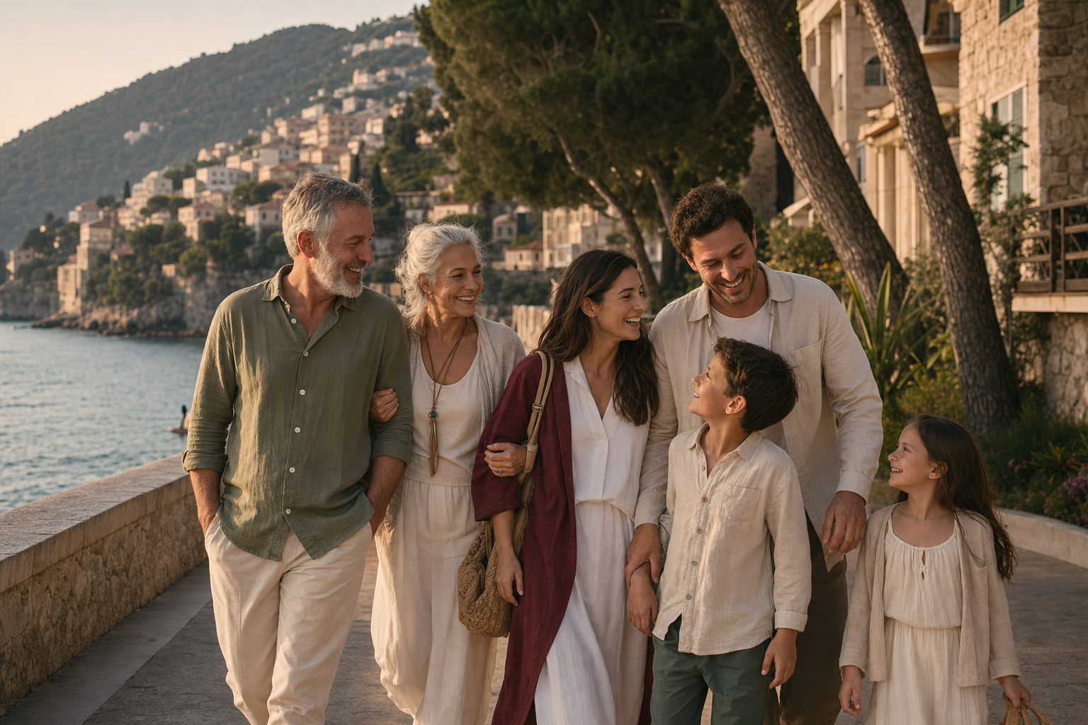 Three generations of a family walking together along a Mediterranean waterfront at golden hour